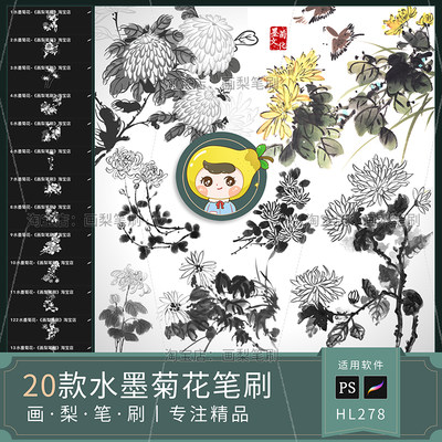 procreate笔刷ps笔刷水墨画菊花墨菊中国风古韵国画素材传统花卉