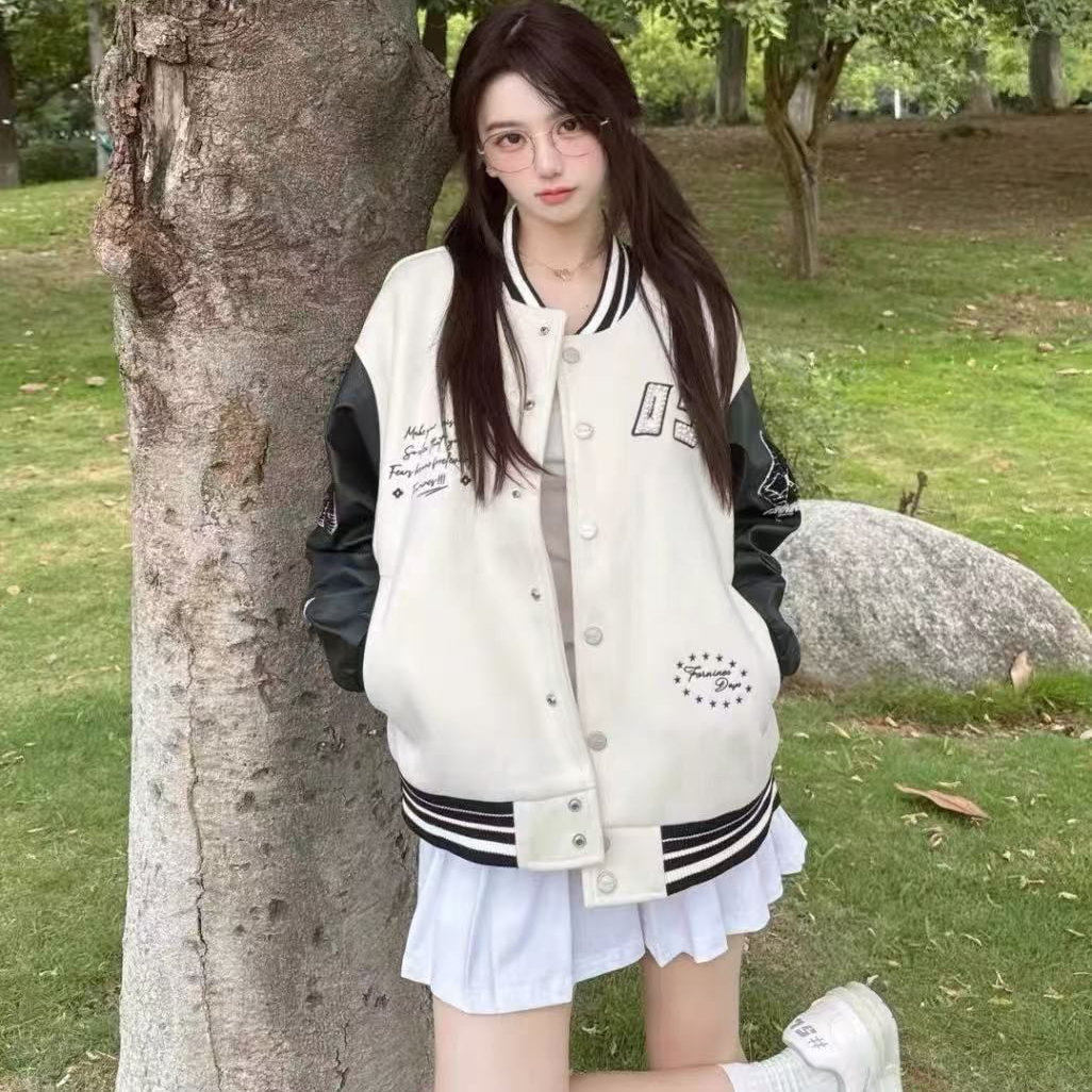 美式高街宽松刺绣棒球服男女秋冬新款小众设计感拼接撞色学生外套
