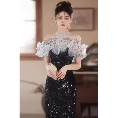 黑色晚礼服裙高端轻奢重工连衣裙年会高级主持挂脖一字肩演出礼服