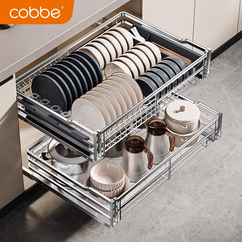 卡贝拉篮厨房橱柜碗篮304不锈钢双层抽屉式收纳碗碟架柜厨柜拉蓝