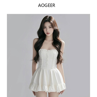 4784纯欲甜美白色初恋公主抹胸连衣裙女春夏秋束腰显瘦别致蓬蓬裙