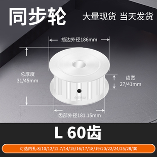 同步轮L60齿AF齿宽27 41内孔141516171819马达钢锥套定制同步带轮