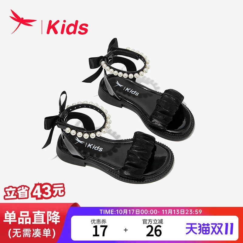 红蜻蜓公主风黑色软底凉鞋