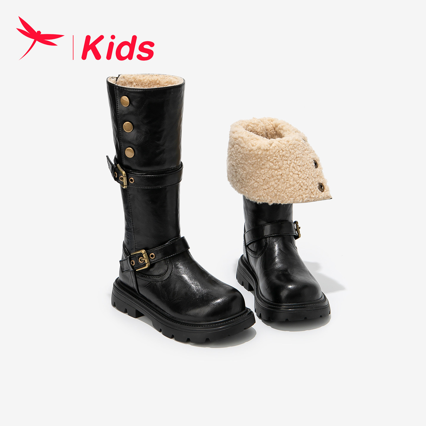 红蜻蜓女童鞋子儿童长筒长靴2025新款冬季公主马丁高筒小皮靴黑色