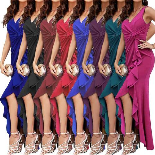 dress dinner ruffled slit high V-neck gown evening dress