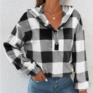 sweatshirt hooded half open buttoned plaid Womens collar