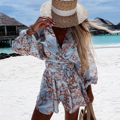 Beach Skirt Jumpsuit Womens Printed Long Sleeve