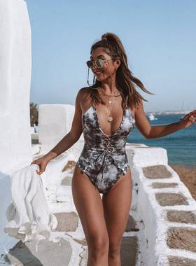 Womens One-Piece Swimsuit Ink-Splashed Ruffled Lace-Up