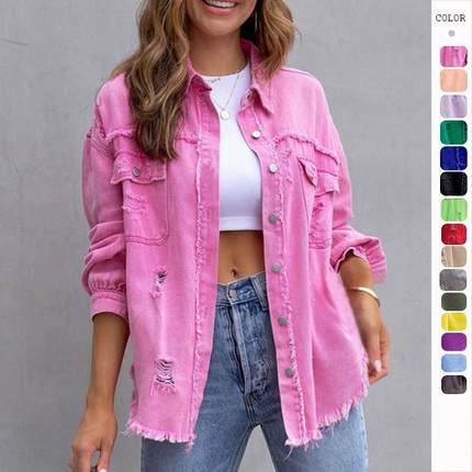 womens oversized ripped denim jacket hem button front