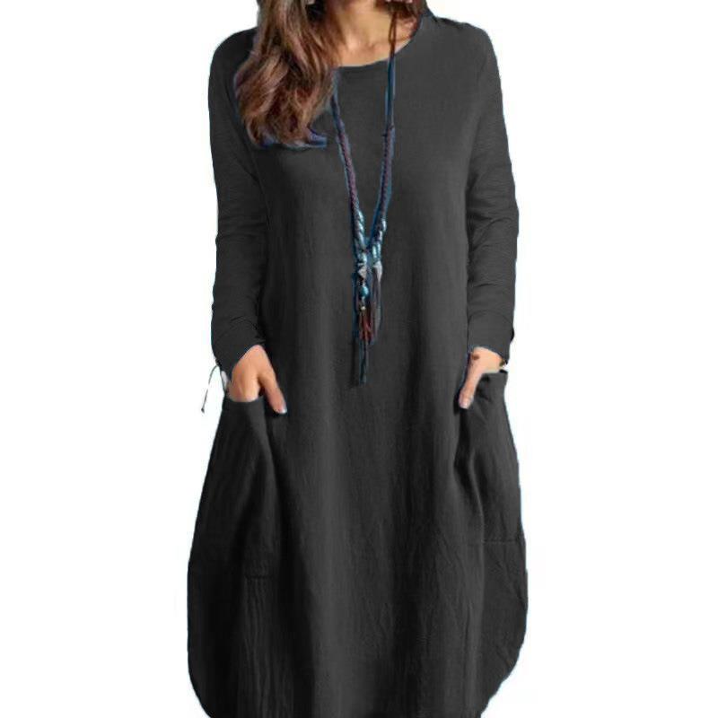 Cotton casual sleeve color women loose solid pocket linen