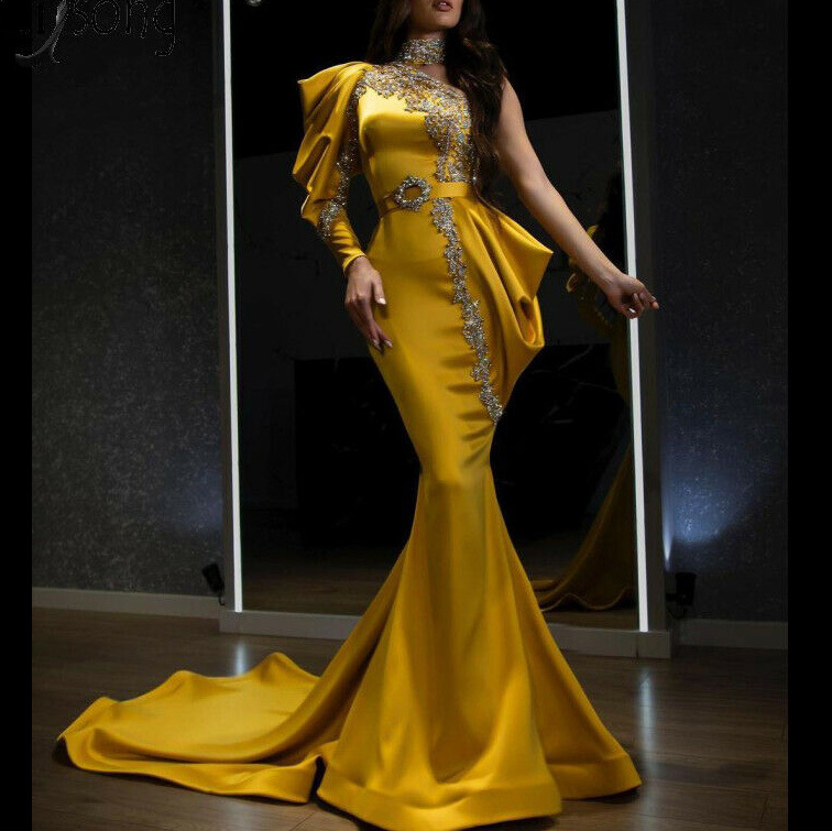 Evening dress for women Gold-sprinkled high 洒金高领连衣裙