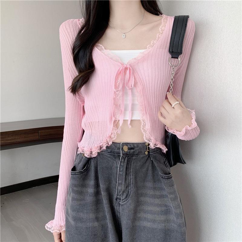 Sweet lace ruffled lace-up knitted cardigan for women sun