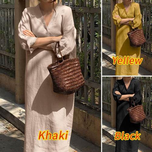 Womens long sleeve cotton linen party evening gown dress