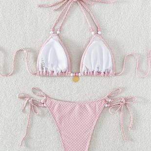 women lace mini thong bikini pink biquinis bead halter