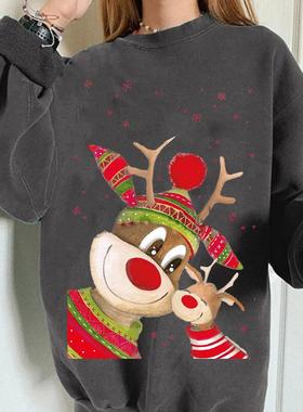 Christmas Shoulder Round Drop Sleeve Neck Elks Sweatshirt