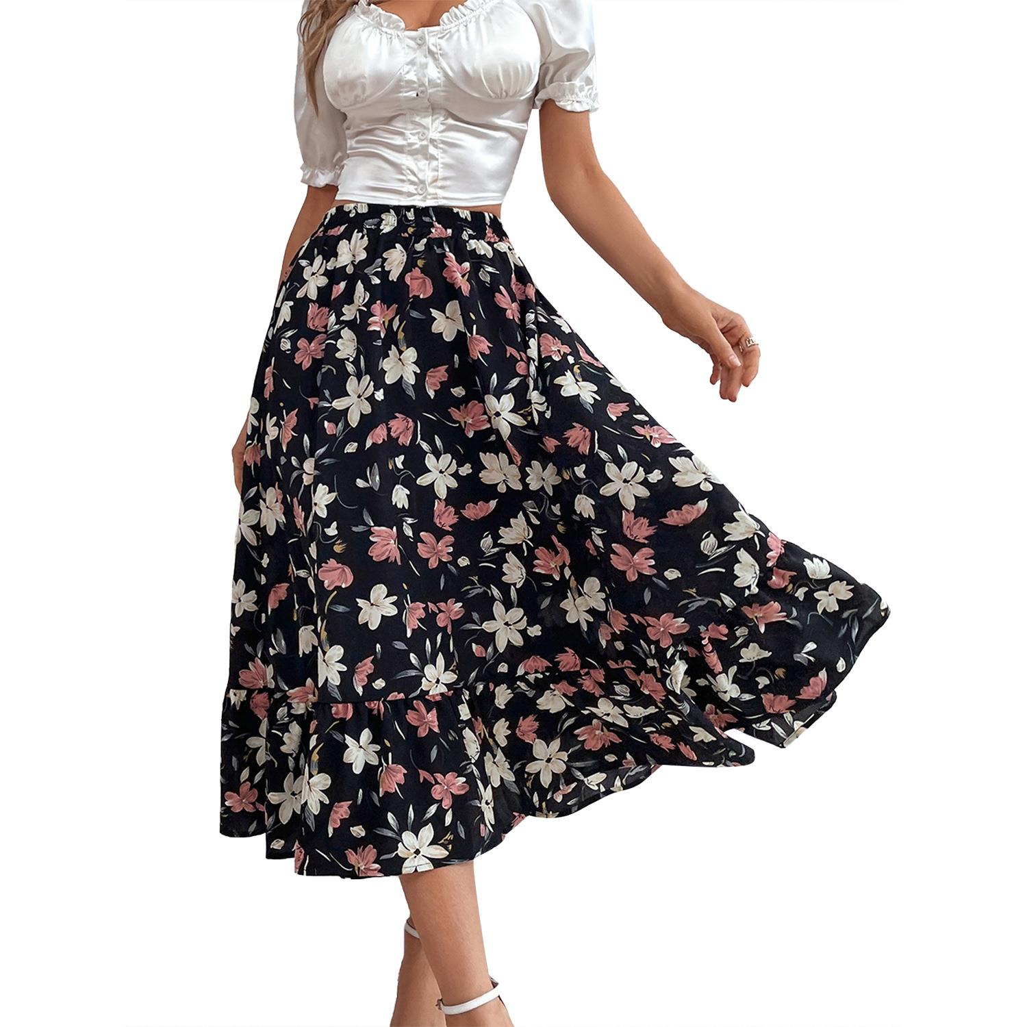 new mi-long loose skirt floral waist high umbrella tulle