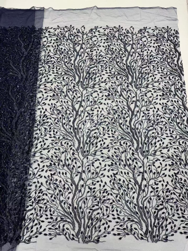 深咖色重工树枝条纹珠管刺绣非洲婚纱宴会礼服舞蹈服亮片蕾丝面料