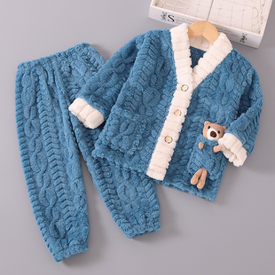 儿童睡衣秋冬季法兰绒加厚冬款男童男孩珊瑚绒宝宝女童家居服套装