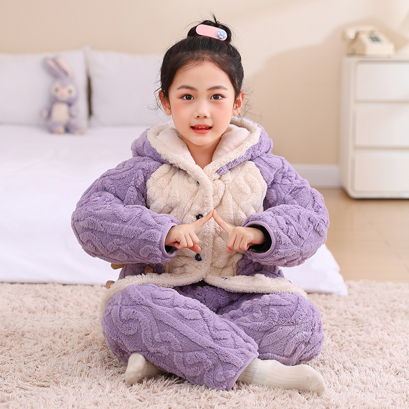 冬季儿童珊瑚绒睡衣三层夹棉加厚