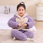 女童女孩法兰绒家居服男童套装 冬季 儿童珊瑚绒睡衣三层夹棉加厚款