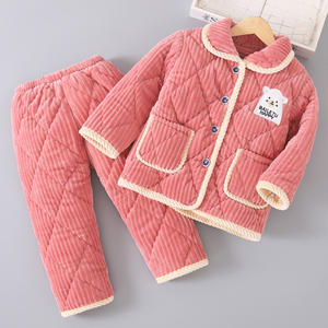 冬季女童女孩夹棉珊瑚绒家居服儿童法兰绒睡衣男童宝宝加厚款套装