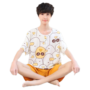 夏季青少年大童棉绸睡衣男童儿童男孩短袖薄款空调绵绸家居服套装