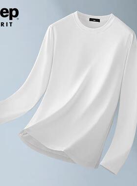 JEEP吉普白色纯棉打底衫男2025秋季新款宽松圆领男士内搭长袖t恤R