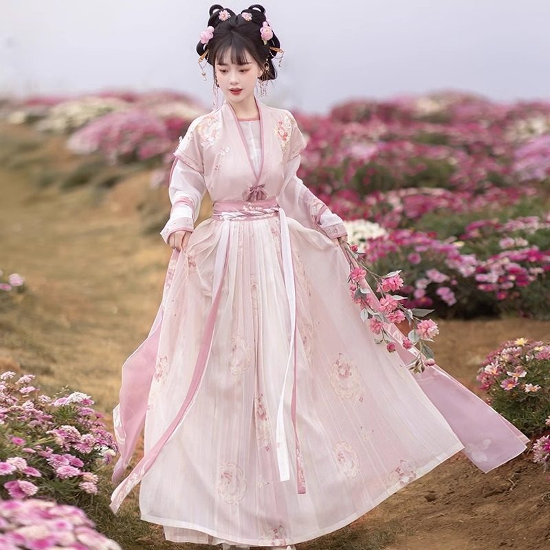 原创2025新款簪花蝶衣汉服女国风唐制唐褙子齐腰襦裙绣花日常春夏