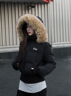 SRIKERLAB冬季短款皮草连帽羽绒服收腰显瘦高级感大毛领棉衣女