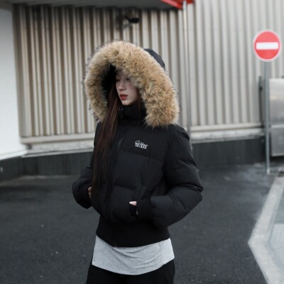 SRIKERLAB冬季短款皮草连帽羽绒服收腰显瘦高级感大毛领棉衣女