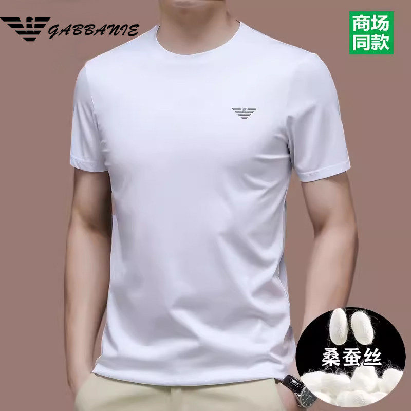 正品意大利男士短袖t恤夏季新款桑蚕丝薄款半袖男圆领冰丝上衣男