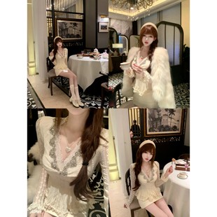 女 半身裙套装 秋冬新款 徐妍露思穿搭千金风重工镶钻V领蕾丝上衣