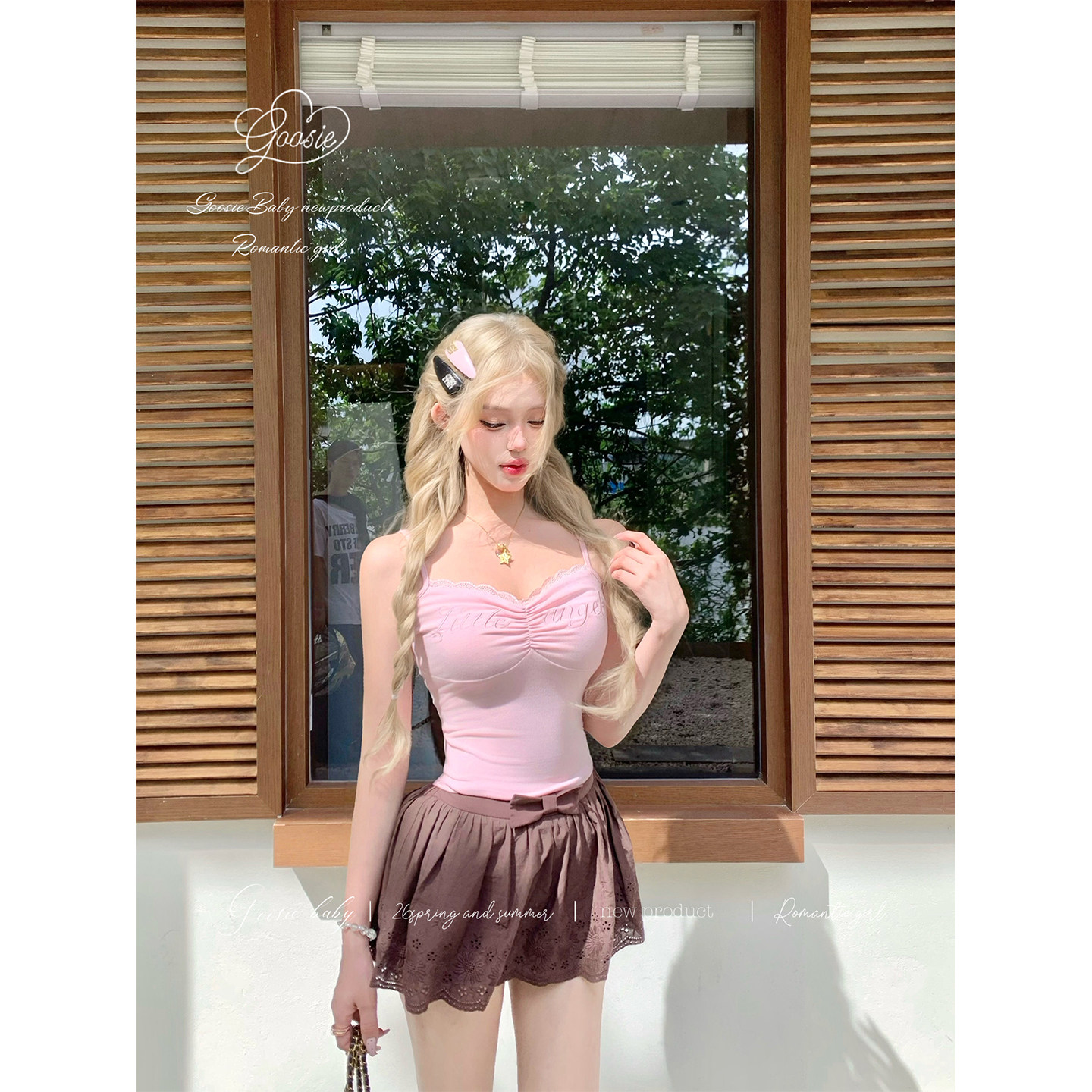 鹅了么【天使少女】夏季刺绣甜美减龄弹力立体翅膀美背吊带上衣图片