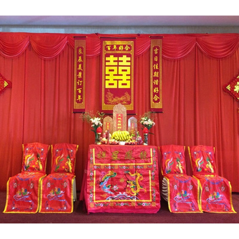 现货速发新款婚庆背景纱幔中式婚礼舞台道具背景幕布背景大红色纱