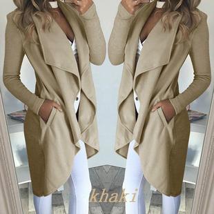 women for coat trench long fit slim lapel color solid