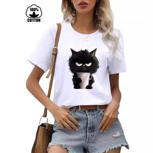 cat female short shirt sleeved neck Cotton round drinking