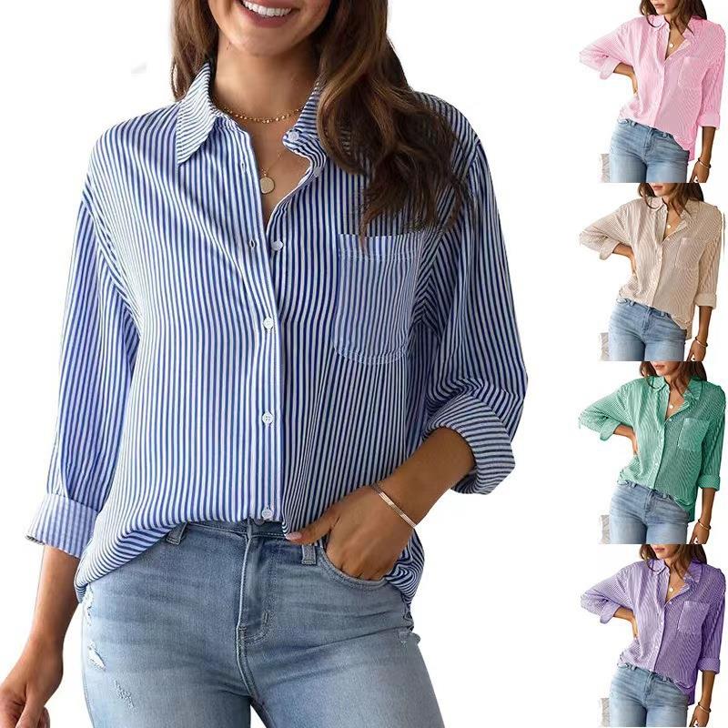 Top Shirt Work Sleeve Long Classic Striped Top Loose Pocket