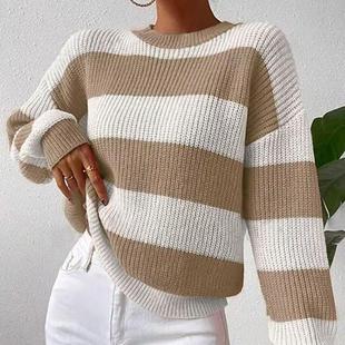 Sweater Lazy Pullover Long Loose Knit Neck Womens Striped