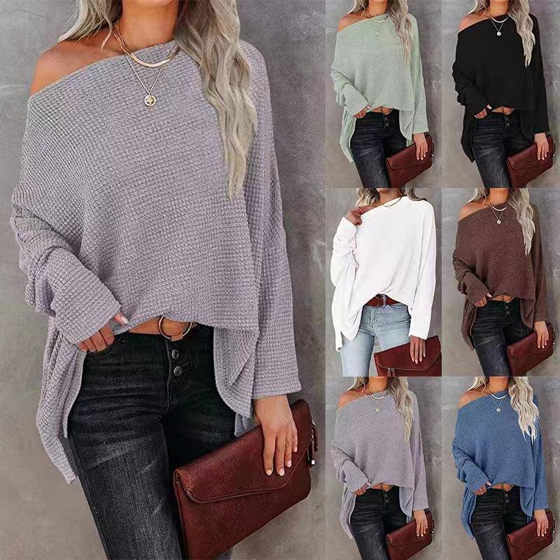 Knit Off-The-Shoulder Waffle Loose Top Stitch Casual