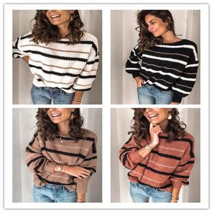 long casual sleeved neck top Striped sweater stitching