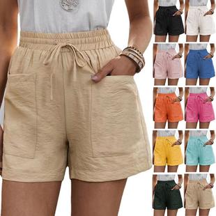 Loose Wide Linen Color Large Pocket Shorts Waist Size