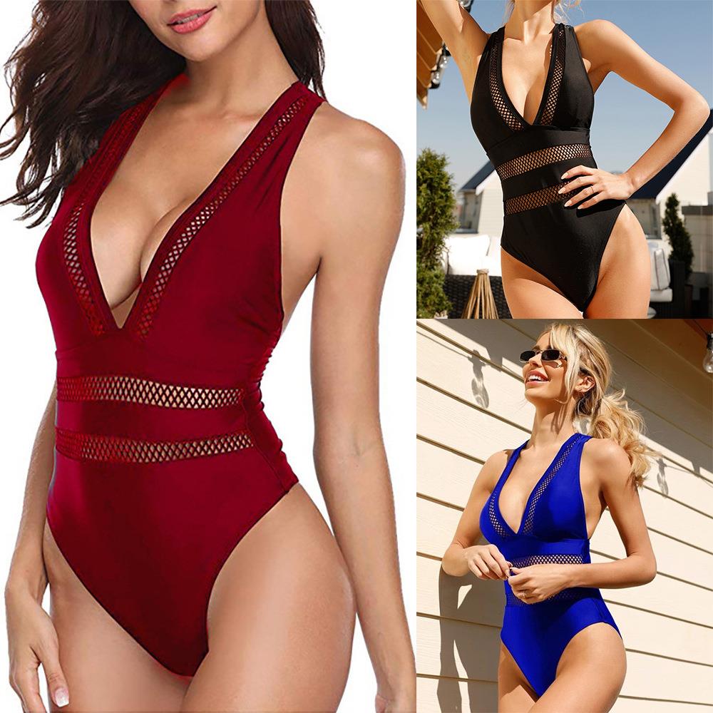 One-piece swimsuit black lace mesh stitching sexy deep V