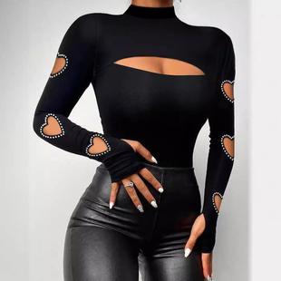 Top Bodycon Lace Sleeve Long Beaded Hollow Love Fashion