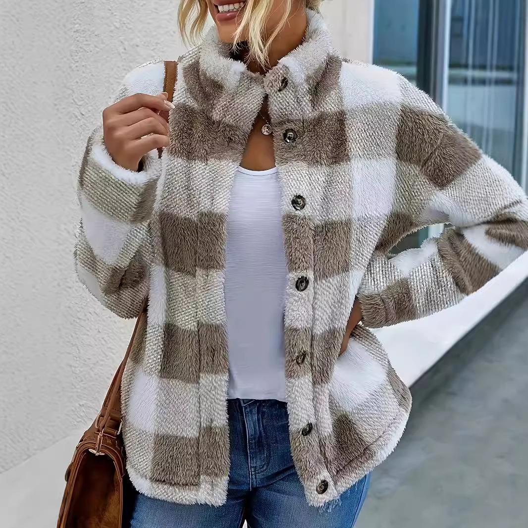 Fashionable and casual womens plaid stand collar one-row