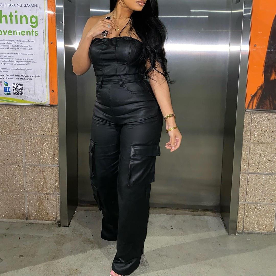 pants long jumpsuits street sexy pants leather one-piece