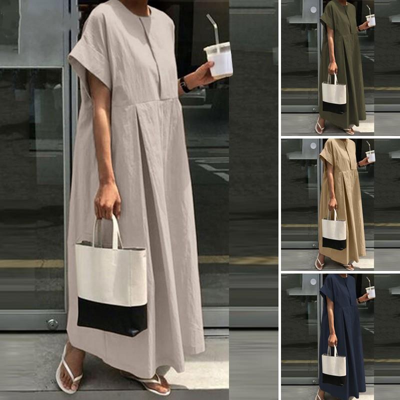 simple loose cotton dress women solid retro folded loose