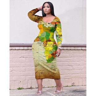 summer dresses for women map print sexy sleeveless bodycon