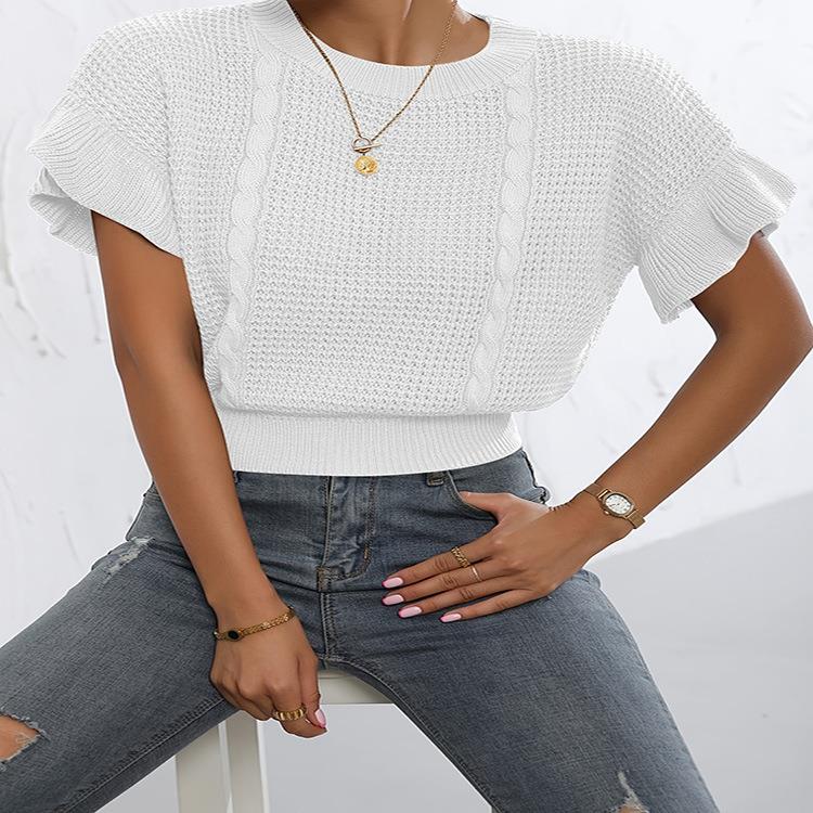 wool knitted twisted ruffled round-neck sweater