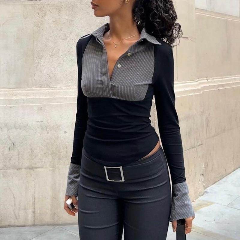 women fall long patchwork sharah black grey pinstripe