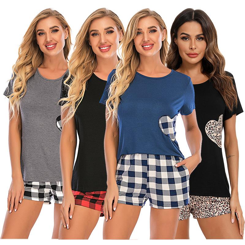 Pajamas plaid heart round neck short-sleeved shorts